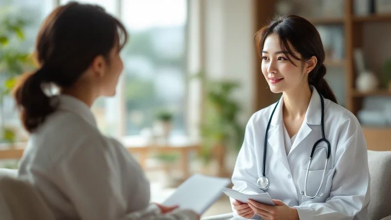 産婦人科で医師と向き合い、妊娠管理について相談している日本人女性。安心した表情で話を聞いている