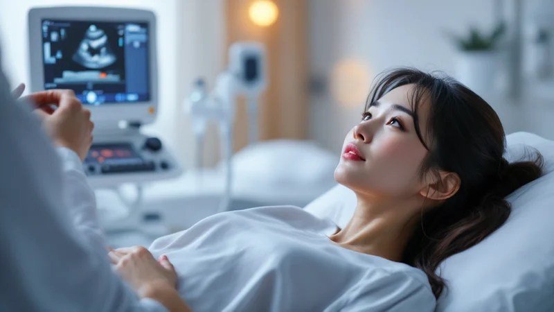病院の診察室で超音波検査を受ける日本人女性。医師がエコー画面を確認している