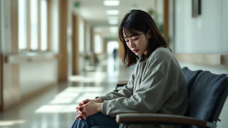 産婦人科の待合室で静かに待つ日本人女性。稽留流産後の治療選択を考えている様子