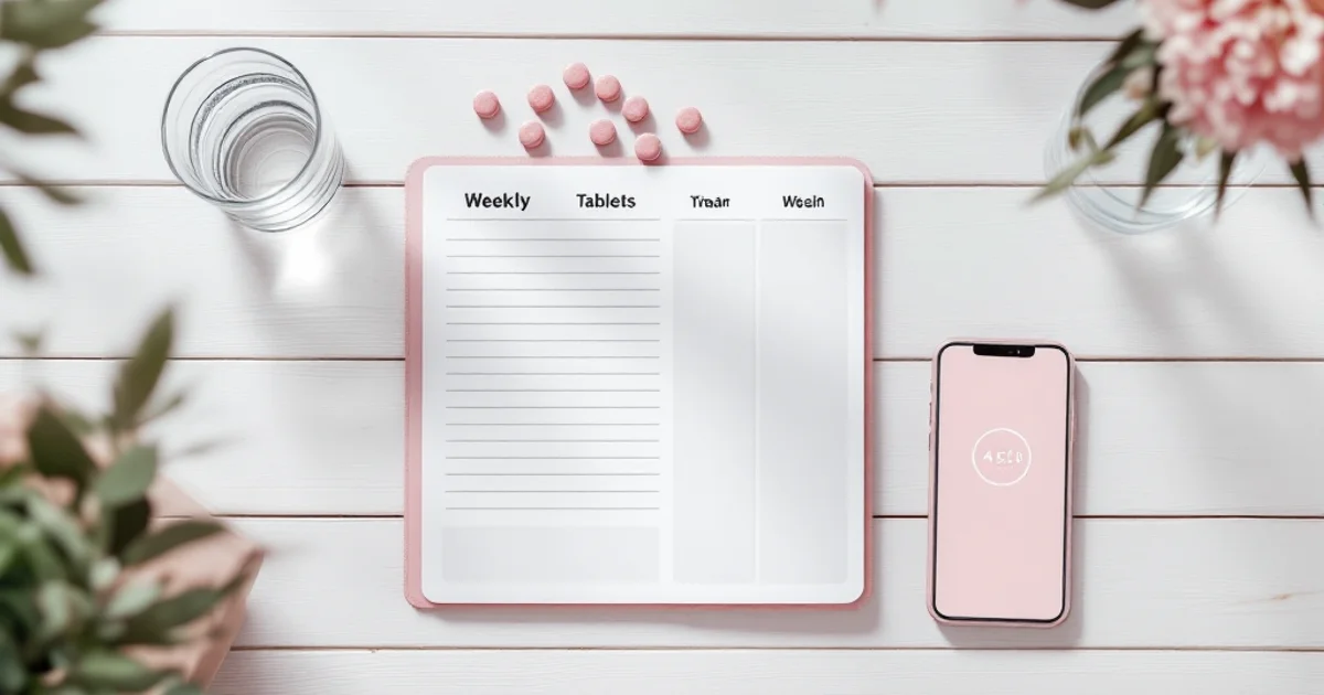 ピルシートと一緒に置かれたスマートフォン・水のグラスが白いデスクの上に並ぶ写真。ピルの飲み忘れ対策のイメージ