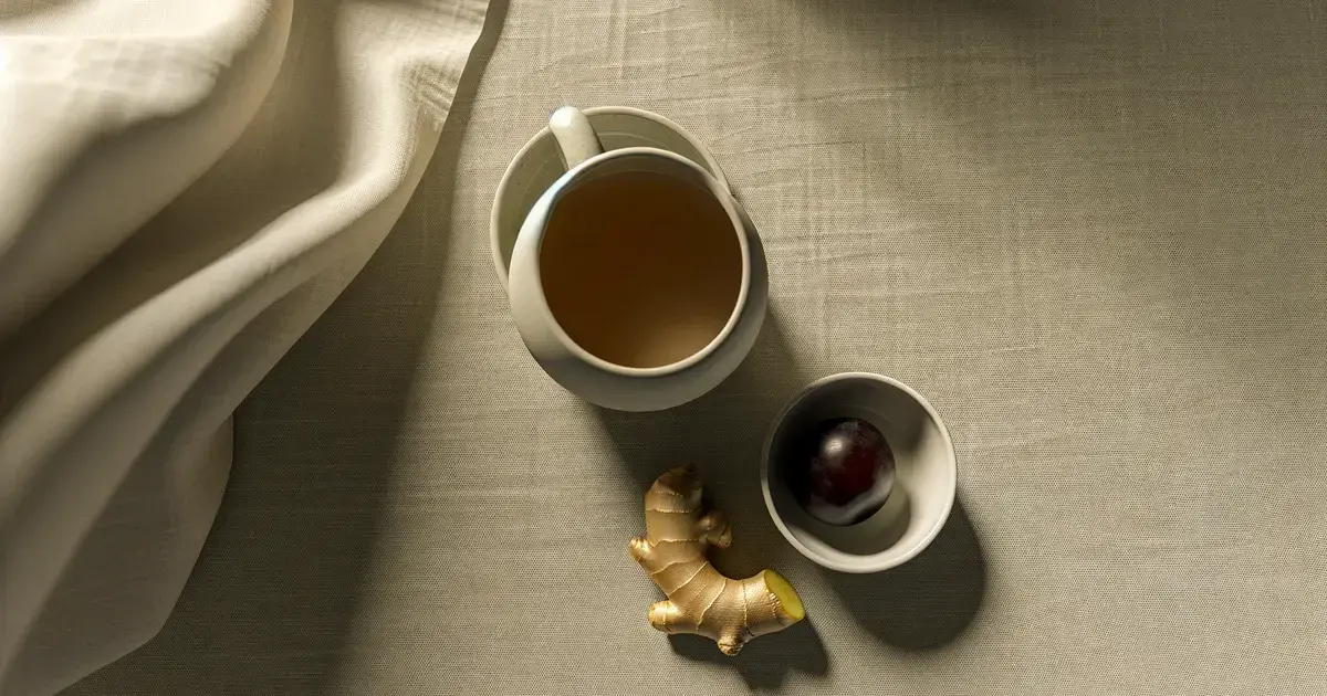 ベージュのリネン素材の上に並んだショウガ入りハーブティーと梅干し。つわり対策に使われる定番食材のフラットレイ