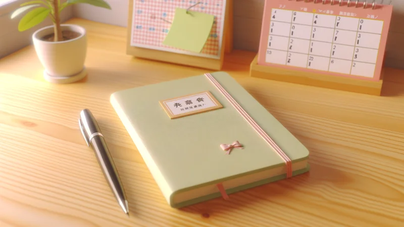 木のデスクに広げられた母子手帳とパステルカラーのカレンダー、ペン。妊娠初期のスケジュール管理イメージ