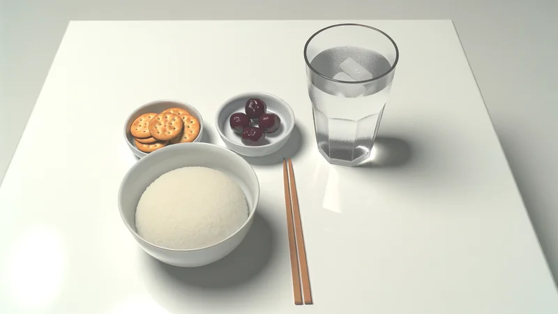 白いテーブルに並ぶシンプルな和食。手つかずのごはんと梅干し、クラッカー。つわり中の食欲不振を表すイメージ