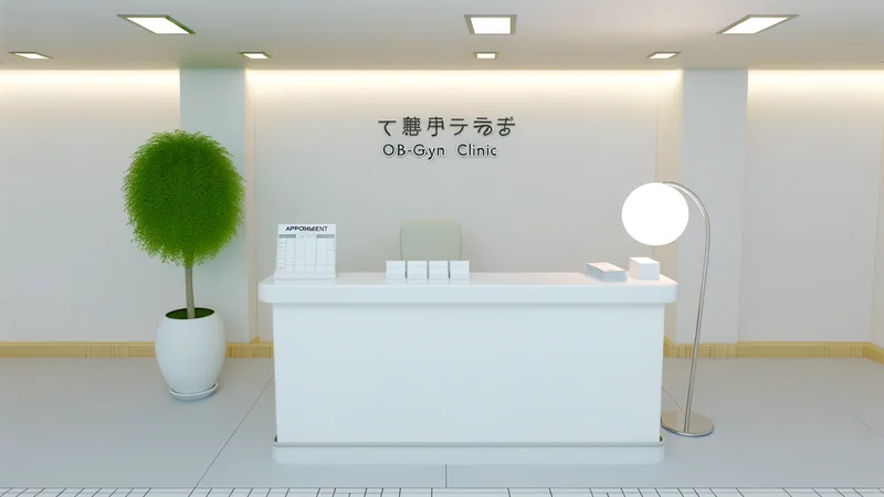 清潔感のある産婦人科の受付カウンターと小さな観葉植物。穏やかな雰囲気の産婦人科クリニックのイメージ