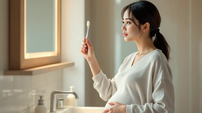 洗面台の前で歯ブラシを手に持ち、鏡に向かって歯みがきを始めようとしている妊娠中の日本人女性