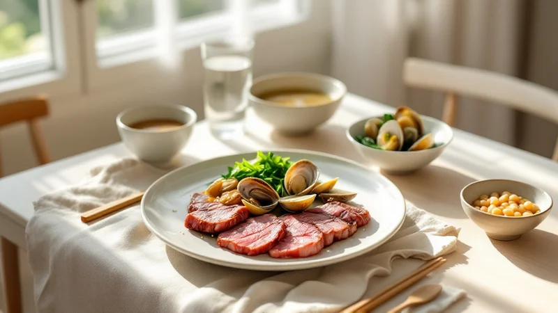 窓辺のテーブルに並んだ、加熱した牛赤身肉とあさり、小松菜のおひたし、大豆の小鉢、水の入ったグラス
