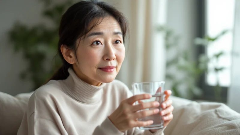明るいリビングのソファでガラスのコップを両手で持ち、水を飲もうとしている50代前後の日本人女性