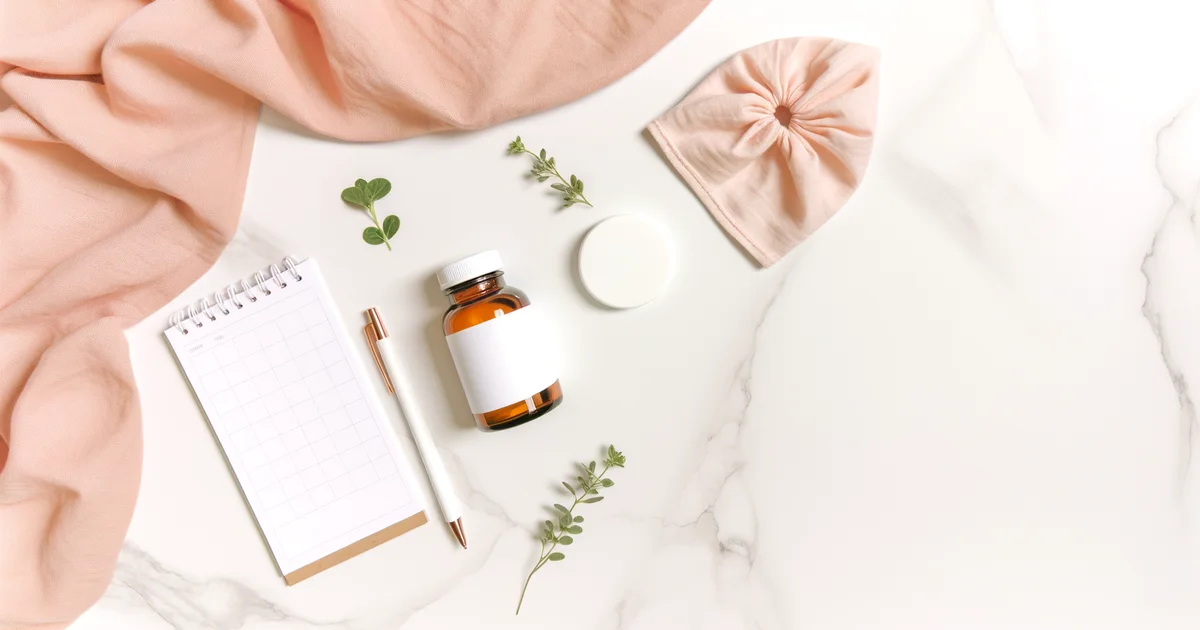 温かい光の差し込む部屋に置かれた手帳とサプリメント。妊活準備をイメージした穏やかな日常シーン