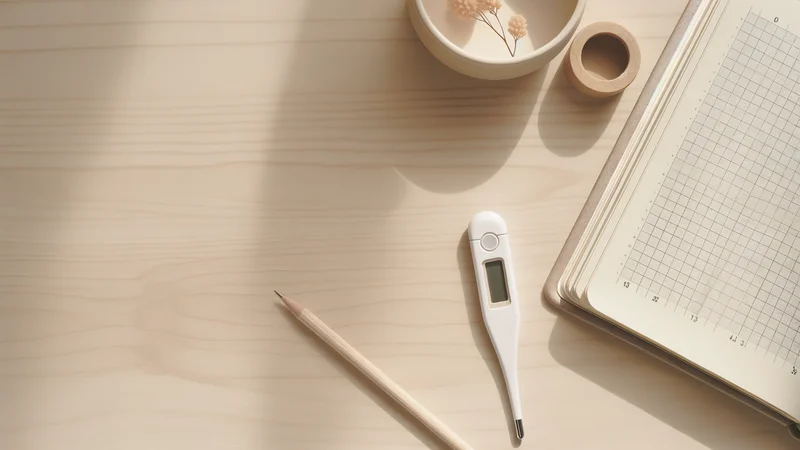 基礎体温計と体温記録ノート。毎朝の体温測定で排卵日を把握するイメージ