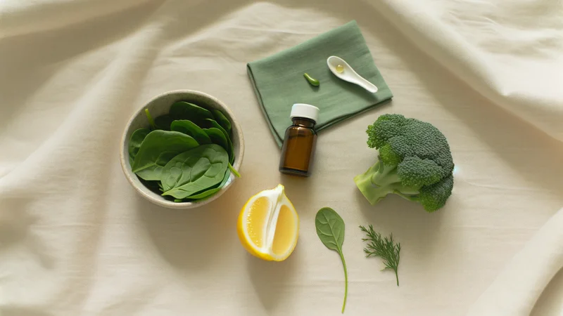 葉酸を含む緑の食材とサプリメント。栄養管理で妊活をサポートするイメージ