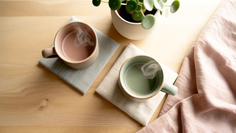 2つの陶器のマグカップと観葉植物。パートナーと共に妊活に取り組む穏やかな日常のイメージ