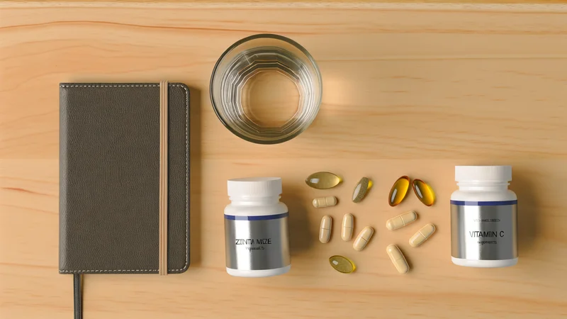 木製のデスクの上に亜鉛・ビタミンCのサプリボトルとノート、グラスが並ぶ。男性の妊活サプリのイメージ