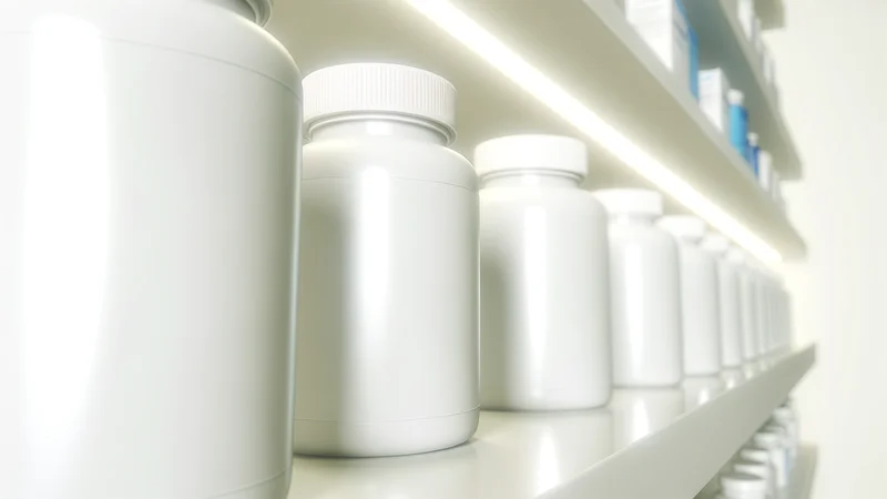 ドラッグストアの棚に白いラベルのサプリボトルが並ぶ。サプリ選びのイメージ