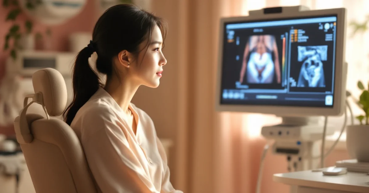 婦人科の診察室で超音波画像を見ながら主治医の説明を受ける30代日本人女性。卵巣がんの検査・早期発見をイメージ