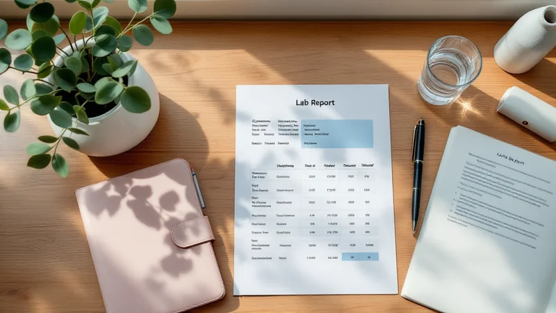 デスクに置かれた婦人科の検査結果用紙と、ピンク色の手帳・ペン・観葉植物。卵巣がんの腫瘍マーカーや検査結果を確認するシーンをイメージ