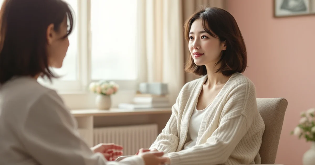 婦人科の診察室で超音波画像を見ながら医師の説明を受ける日本人女性。卵巣嚢腫の診断をイメージ