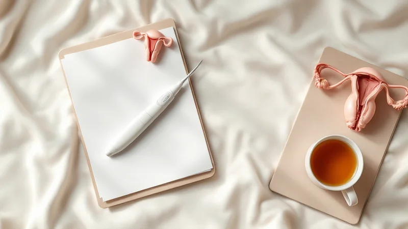 婦人科の診察室に置かれた超音波プローブと女性器解剖模型、問診票をまとめたデスク。卵巣嚢腫の診察イメージ