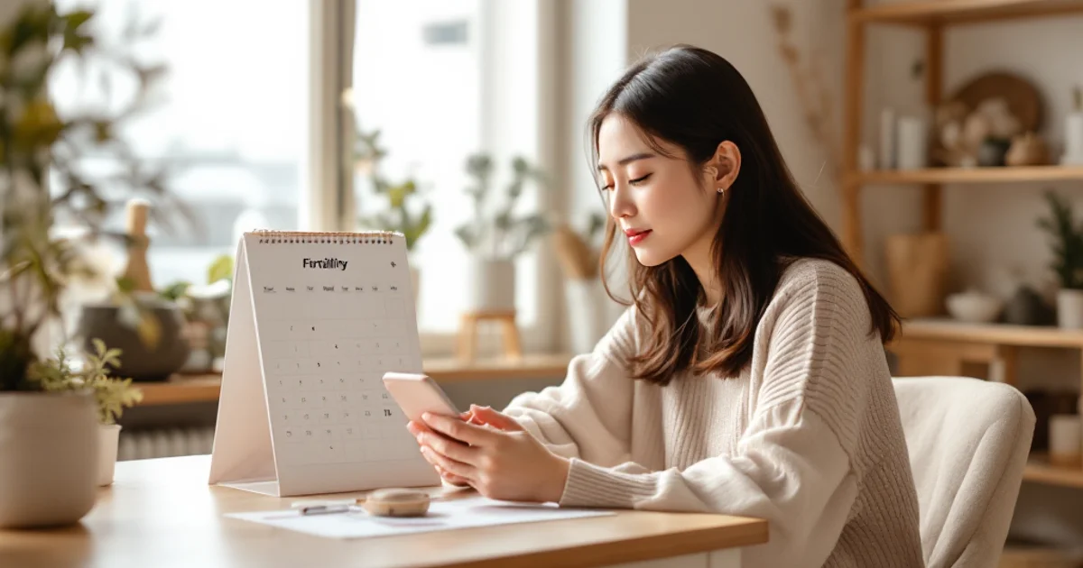 カレンダーと基礎体温アプリを見ながら排卵日を確認する日本人女性、やわらかな自然光の差し込む明るい部屋