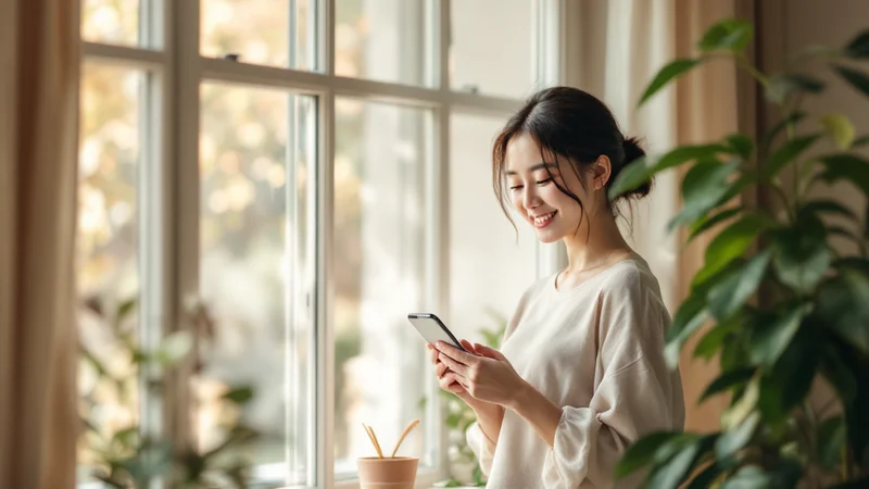 窓辺で穏やかにほほえみながらカレンダーアプリを眺める日本人女性、観葉植物と朝の自然光のある落ち着いた室内