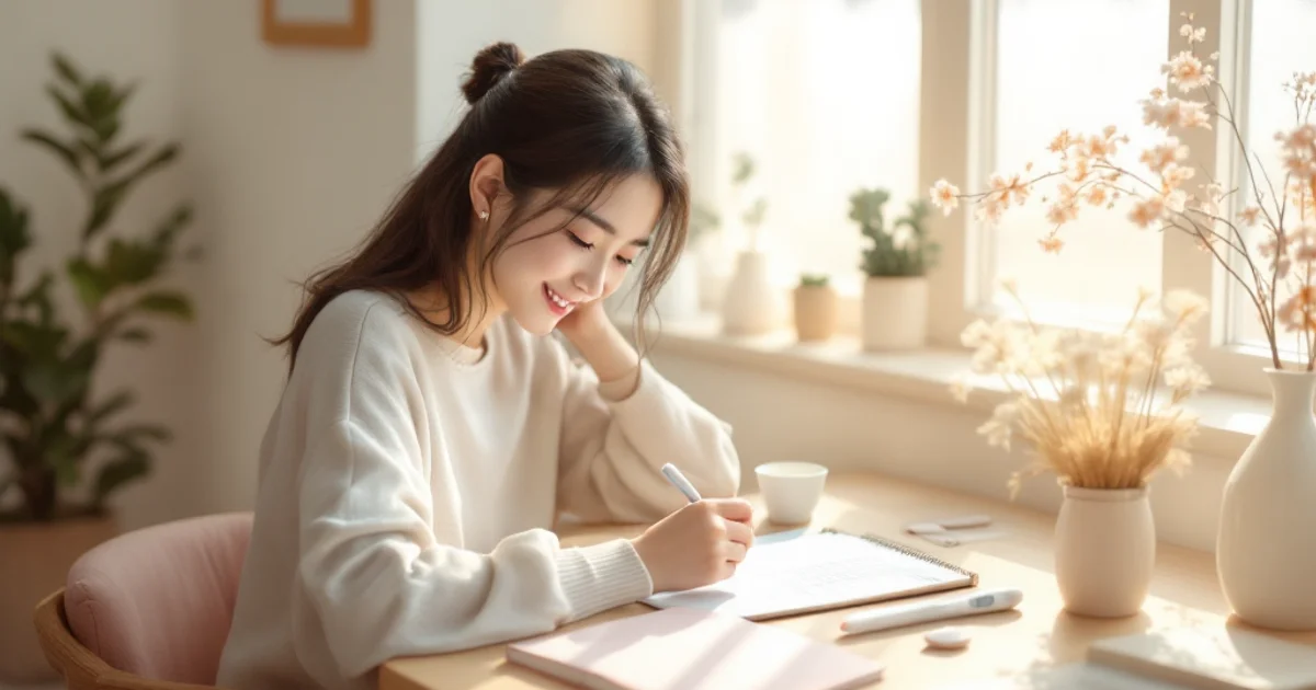 明るい窓辺の机で手帳とカレンダーを開き、ほほえみながら妊活の計画を立てる日本人女性、やわらかな自然光の差し込む部屋