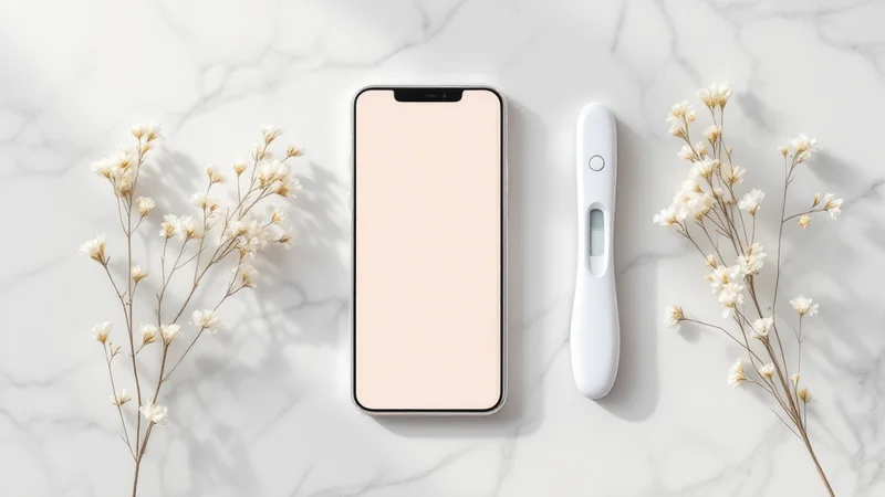 白い大理石の机に置かれた白い検査スティックと基礎体温計、記録用のスマートフォンとかすみ草を並べた俯瞰イメージ、やわらかな自然光