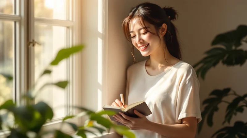 窓辺で穏やかにほほえみながら手帳に妊活の記録を書く日本人女性、観葉植物とやわらかな自然光のある落ち着いた室内