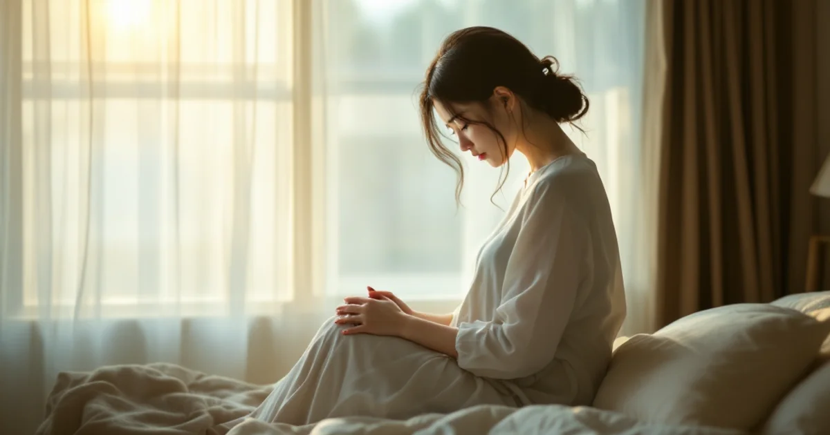 窓辺から差し込む朝の柔らかな光の中、ベッドの縁に腰かけ、横顔でそっとうつむき両手を組む20代後半の日本人女性。デリケートな悩みに一人で向き合う静かなシーン