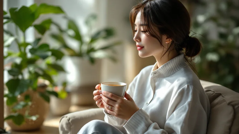 観葉植物のそばで温かい飲み物を手に、静かにくつろぐ20代後半の日本人女性の横顔。リラックスするセルフケアのイメージ