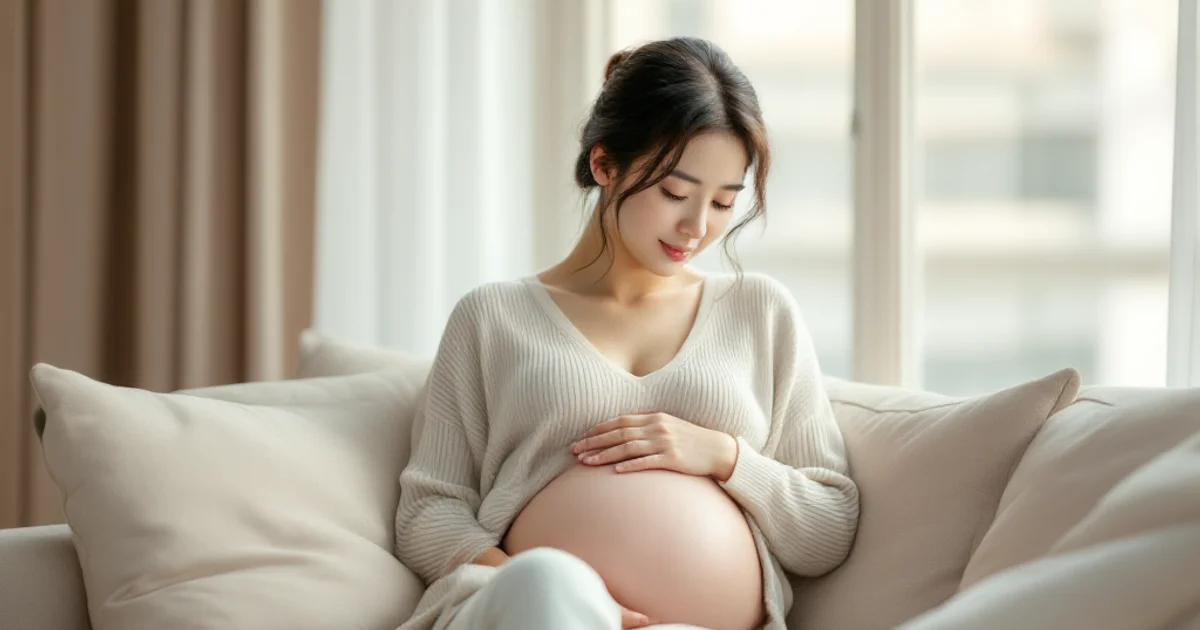 妊娠後期の女性が自宅のソファでお腹に手を添え、出産方法についておだやかに考えている様子