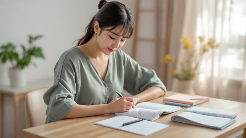30代前半の女性が自宅のテーブルでノートに書き込みながら、産院の資料や母子健康手帳を見比べて出産方法を検討している様子