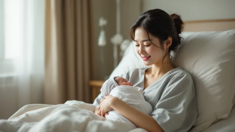 出産後の明るい病室で、日本人の女性がベッドに寄りかかりながら新生児をおだやかに抱いている様子