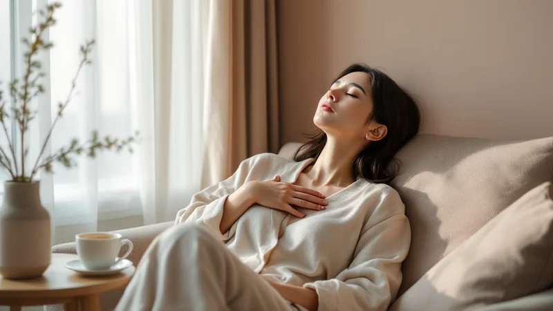 窓辺のソファに座り、手を胸に当ててゆっくり呼吸を整える日本人女性