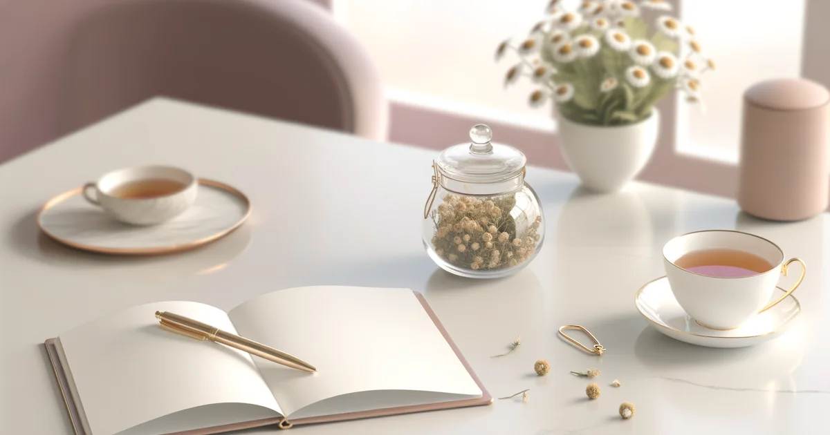 白いマーブルデスクに開いたノート・ゴールドペン・カモミールの小瓶・ハーブティーカップが並ぶ、柔らかいピンクトーンの清潔感ある静物写真