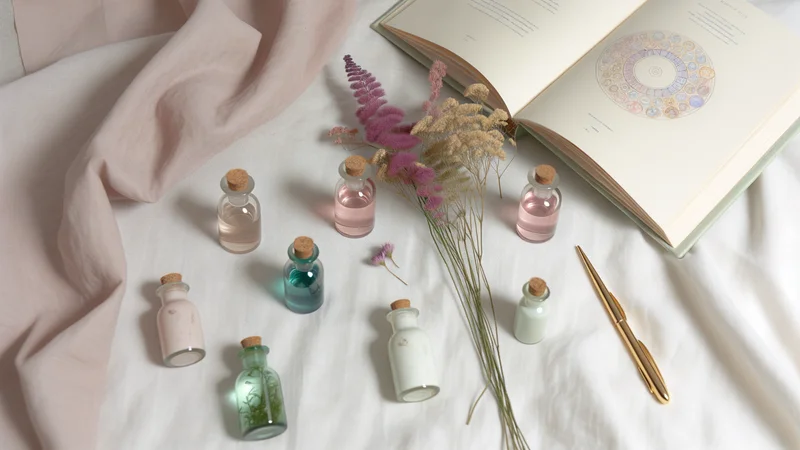 パステルカラーの小瓶・ドライフラワー・開いた医療書・ゴールドペンが白いリネンの上に広げられたフラットレイ写真