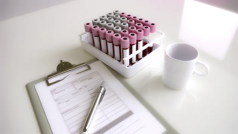 白いトレーに整列した採血チューブと、クリップボードの検査記録用紙・ペン・マグカップが並ぶ清潔な医療デスクの写真