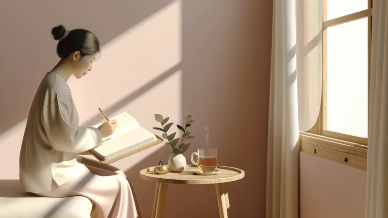 窓辺でノートに書き込む日本人女性。サイドテーブルにハーブティーと小植物が置かれた、柔らかい光の穏やかな室内シーン
