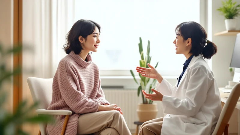 診察室で、白衣を着た女性医師から手ぶりを交えた説明を受けている、くすみピンクのニットを着た30代前半の日本人女性