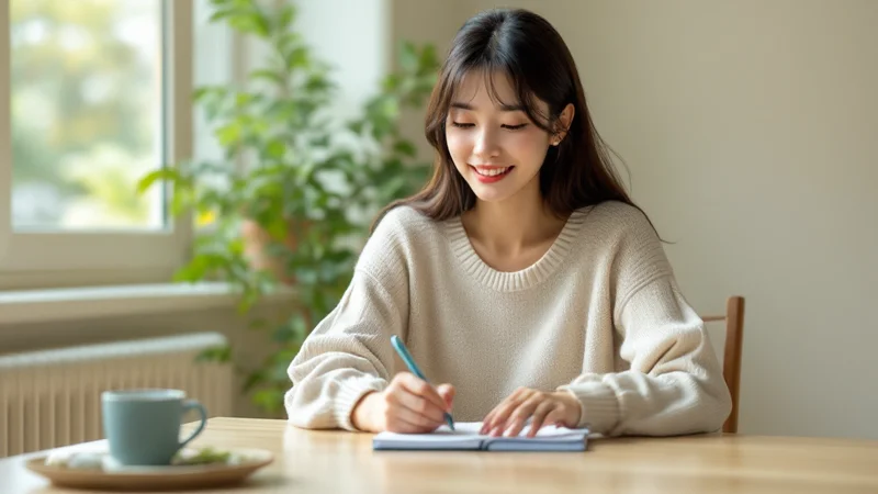 自宅のテーブルで、受診前に気になることをノートに書き出している30代の日本人女性