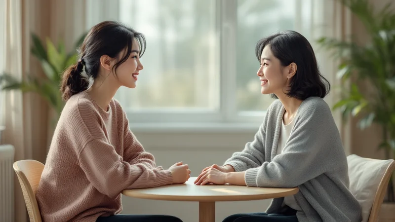明るい部屋の小さなテーブルで、20代の女性の話を穏やかな表情で聞いている40代の女性