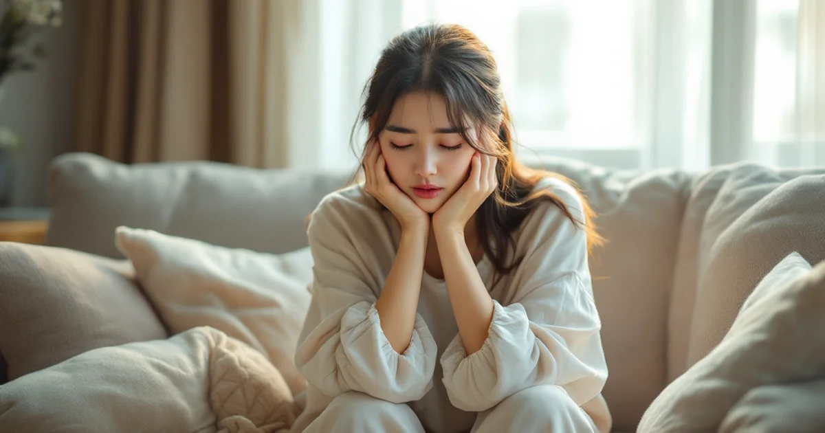 ソファに座って顔を両手に預け、うつむいている20代の日本人女性。生理中の体調不良をイメージしたシーン。白い部屋着姿で柔らかい自然光