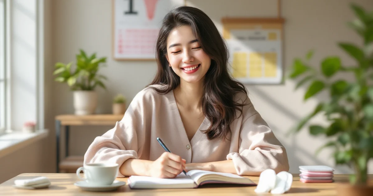カレンダーに生理期間を記録する若い日本人女性の手元。生理用品とハーブティーを置いた明るいテーブルでセルフケアをするイメージ