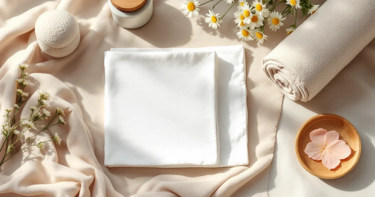 やわらかなクリーム色のリネンの上に白いコットンクロス・陶器のジャー・ロールしたタオル・カモミールの花を並べたやさしい雰囲気のフラットレイ