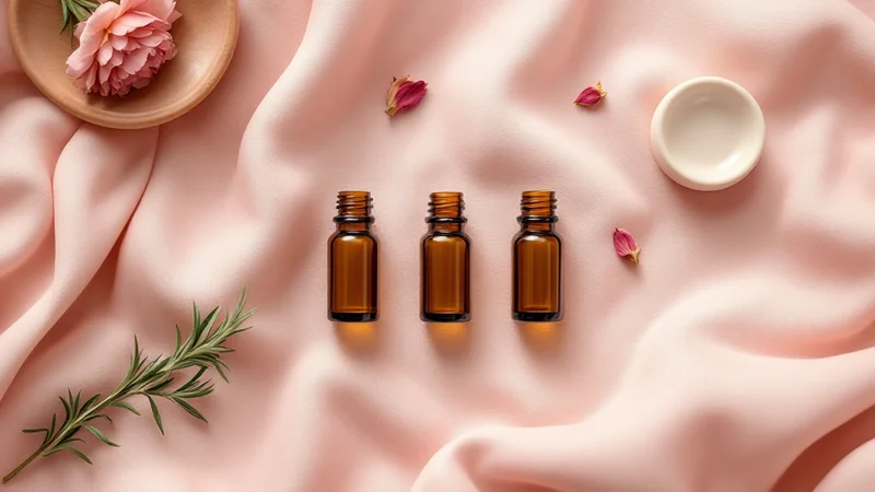 くすみピンクのリネンの上に3つの小さなアンバーガラスボトル・ドライローズの花びら・ローズマリー・木製の小皿を並べたフラットレイ