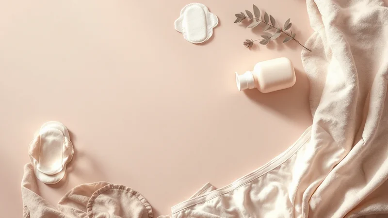 ピンクベージュの背景にコットンショーツ・白いボトル・リネンタオル・ナプキン・ユーカリの葉を並べた清潔感のあるフラットレイ