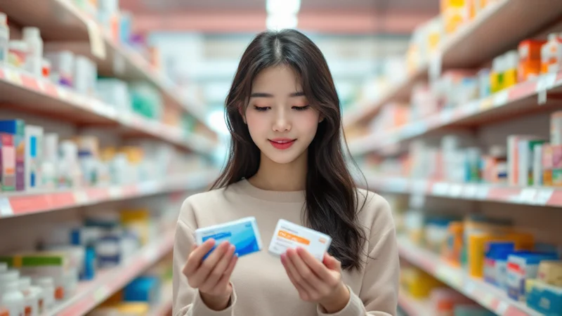 ドラッグストアの鎮痛剤コーナーで複数の市販薬パッケージを見比べる20代の日本人女性