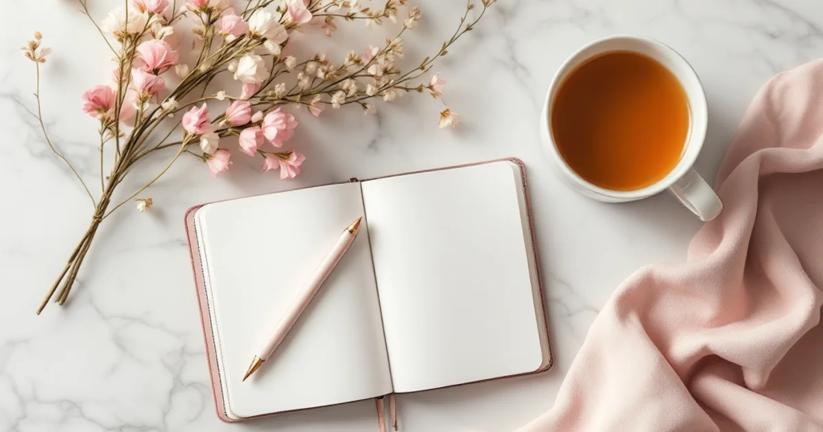 白いテーブルの上に置かれたピルシートと手帳、女性の健康管理を連想させる清潔感のある構図