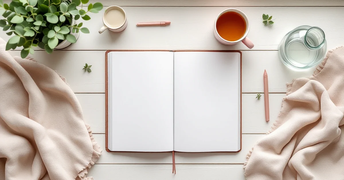 白い木目のテーブルに開いた手帳、ピンクのマグカップ、ユーカリの鉢植え、ガラスの水差しが並ぶ、朝の穏やかなセルフケアの机