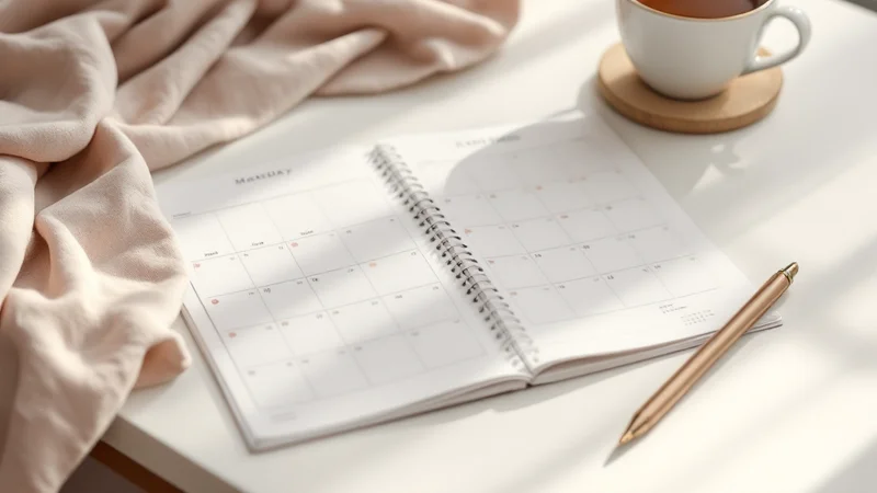 開いた月間カレンダー手帳にパステル色のシールで日付が記録され、金色のペンとティーマグが添えられた、整理された記録のイメージ