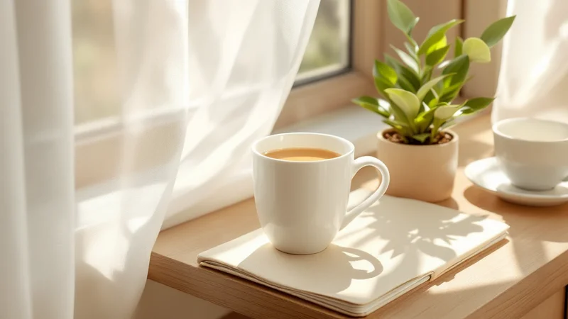 柔らかな朝日が差し込む窓辺に置かれた白い陶器のマグカップと観葉植物、穏やかなセルフケアの時間をイメージする静物