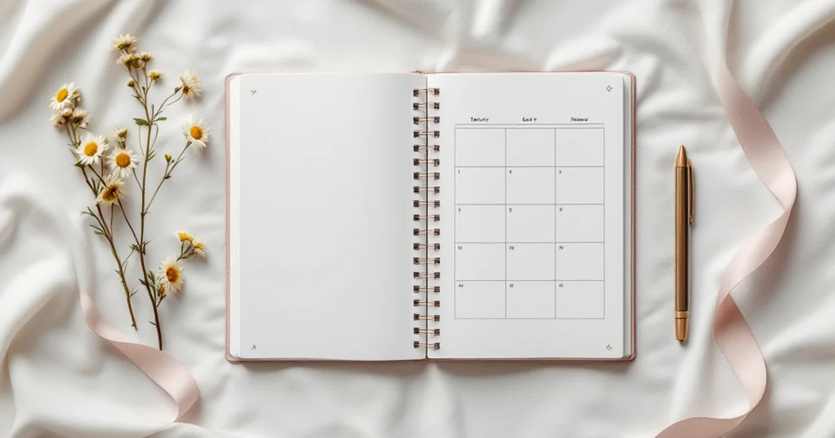 白いデスクの上に置かれた手帳とカレンダー、月経周期の記録を連想させる落ち着いた雰囲気の写真